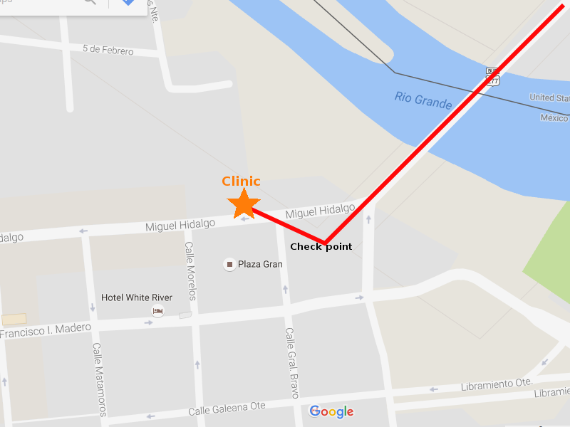 Map showing clinic location near Del Rio Texas border crossing